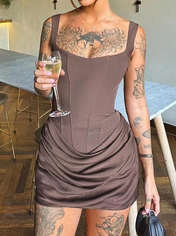 Square Neck Corset Mini Dress with Ruched Skirt