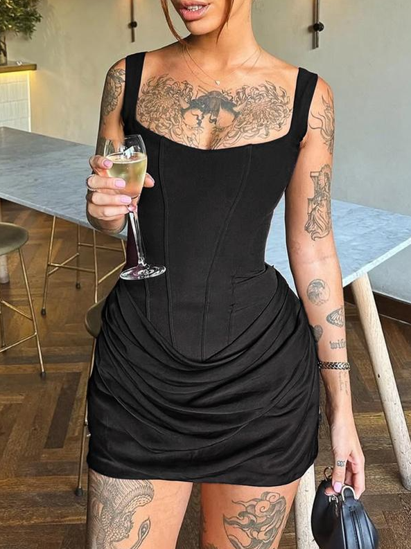 Square Neck Corset Mini Dress with Ruched Skirt