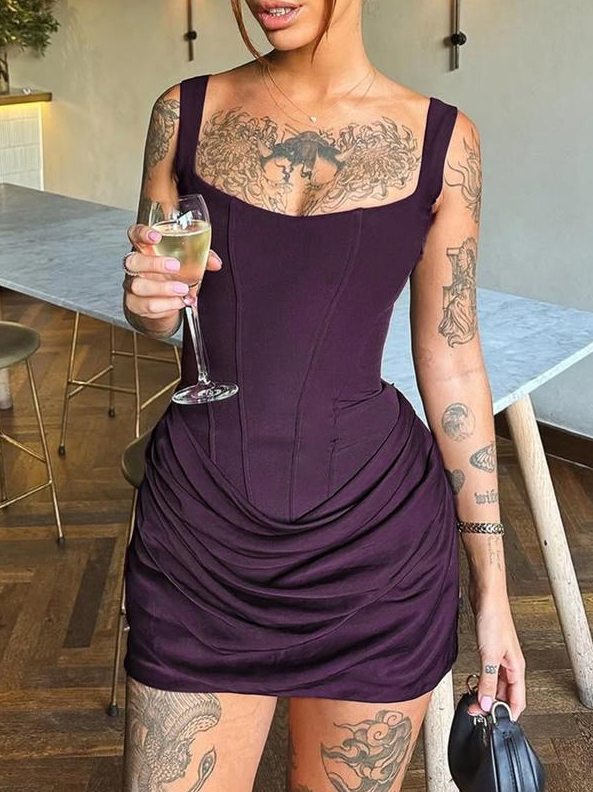 Square Neck Corset Mini Dress with Ruched Skirt