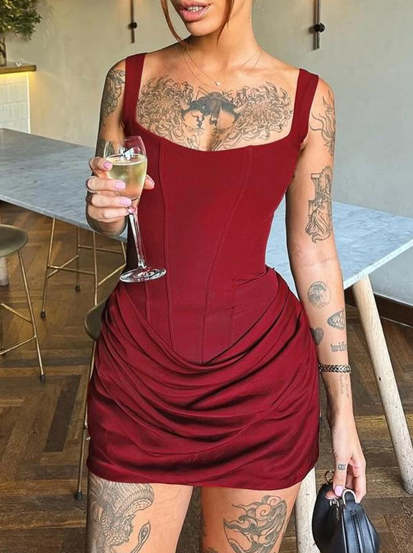 Square Neck Corset Mini Dress with Ruched Skirt