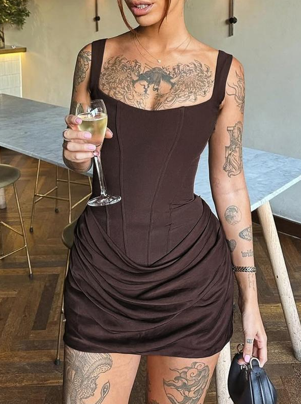 Square Neck Corset Mini Dress with Ruched Skirt