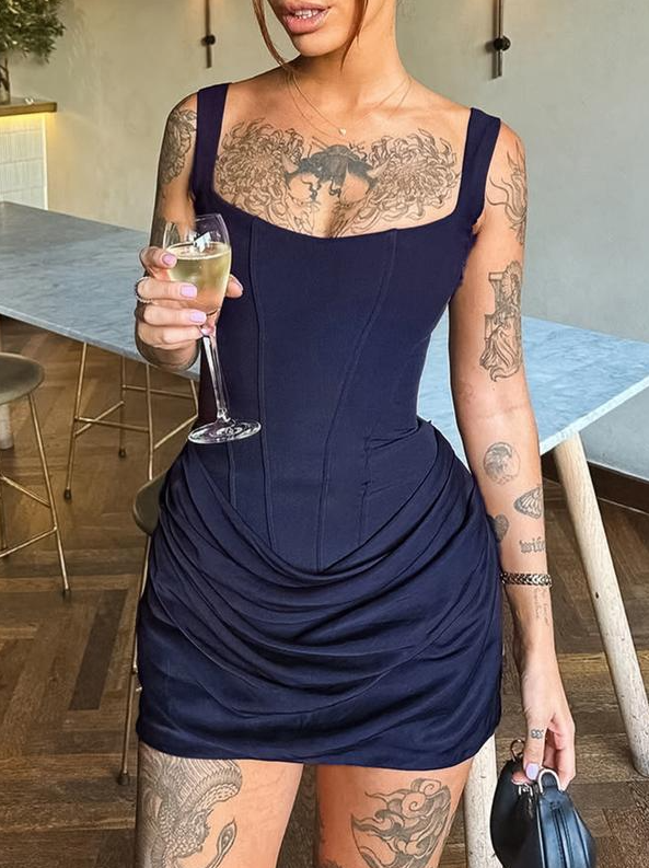 Square Neck Corset Mini Dress with Ruched Skirt