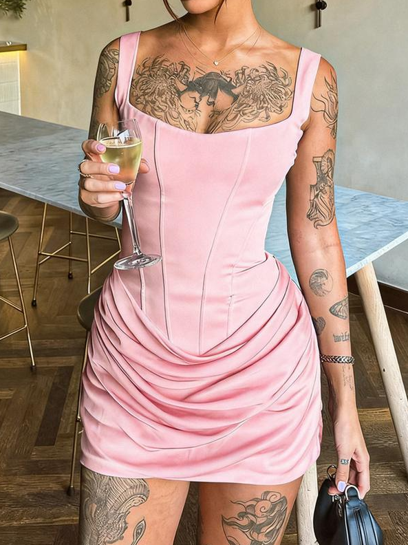 Square Neck Corset Mini Dress with Ruched Skirt